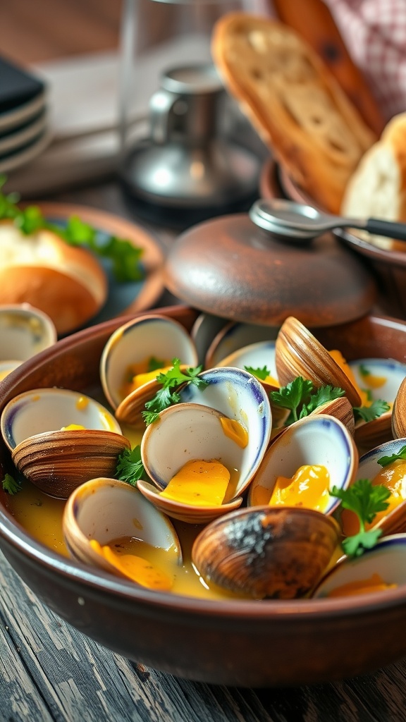 A bowl of garlic butter clams garnished with parsley, beside a loaf of bread.